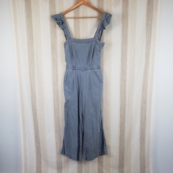 Abercrombie & Fitch Chambray Pinafore Jumpsuit Blue Extra Small Wide Leg Cropped - Picture 1 of 12